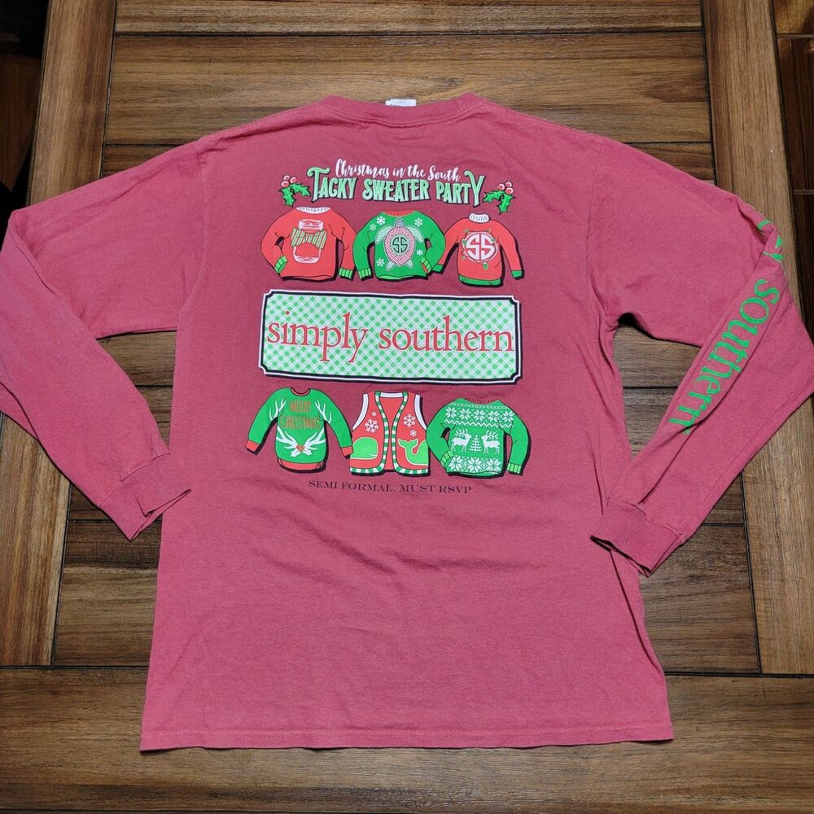 Simply Southern Ls Red Unisex Tee "Tacky Sweater Party" - Size Medium